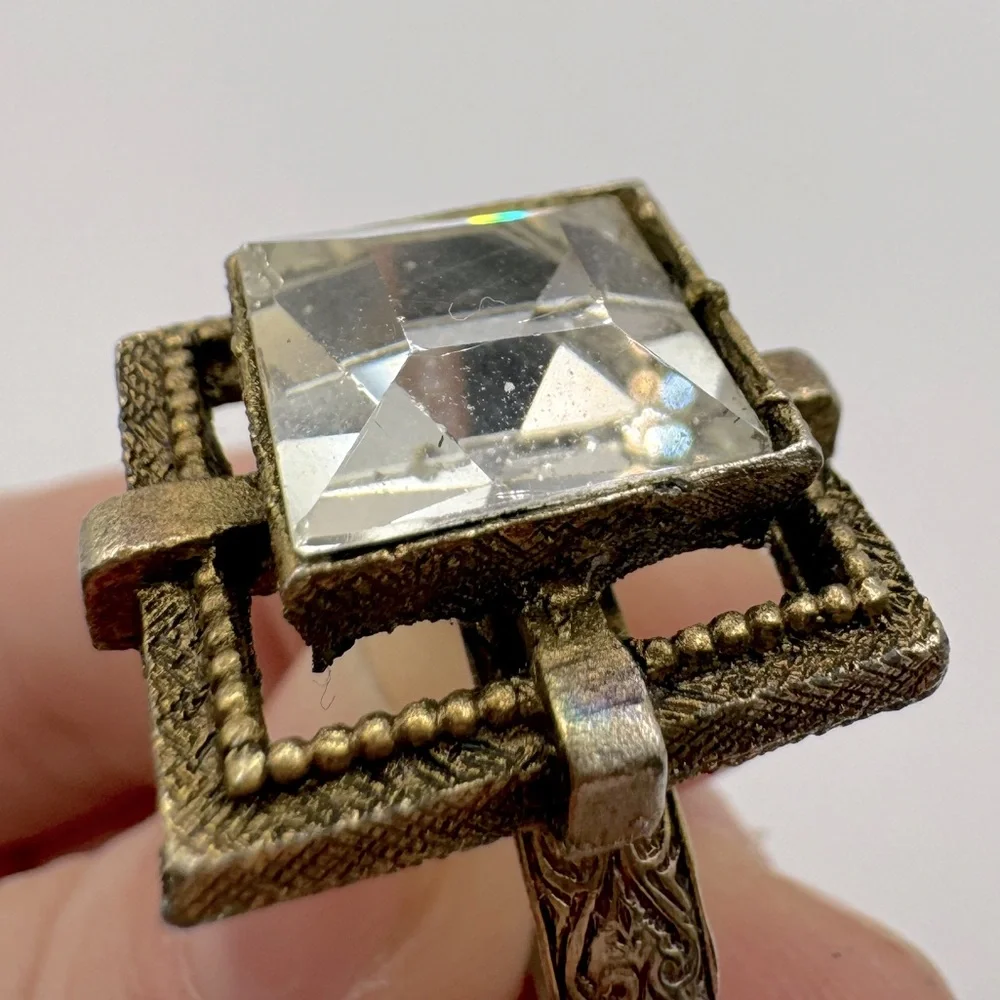 VINTAGE Gold-Tone Square Crystal Adjustable Ring